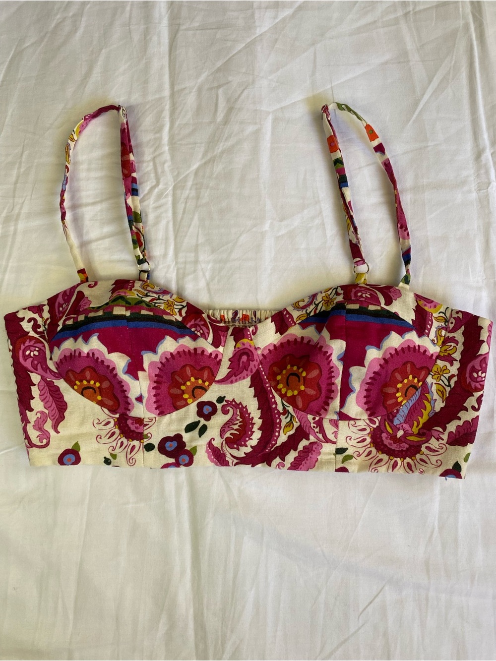 Mango Floral Pink Bustier Linen & Cotton Blend Crop Top